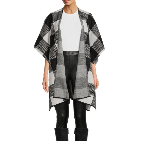 NWT TIME AND TRU Ruana Buffalo Check Wrap Open Front Cardigan Blk\White OS - Picture 1 of 7